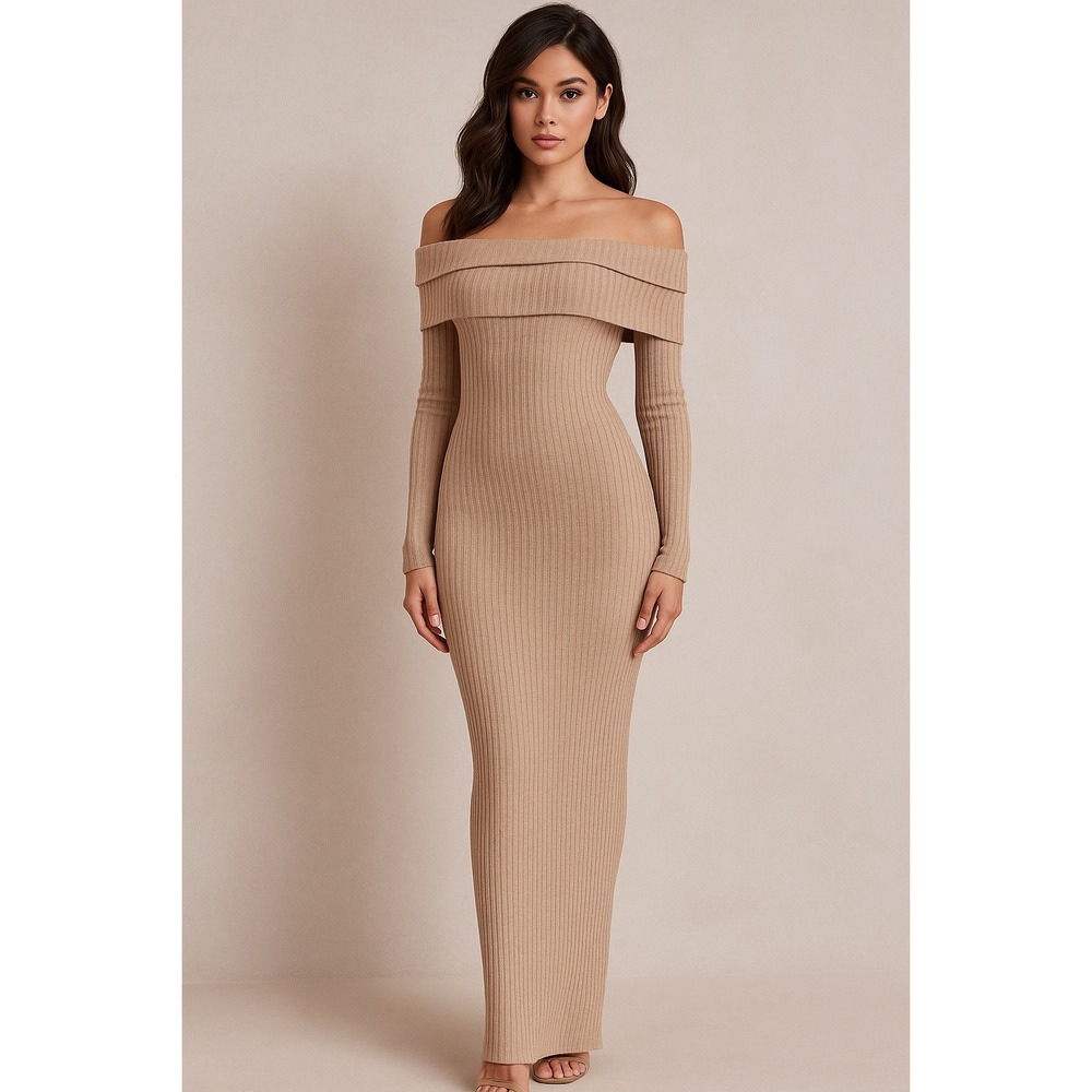 House of CB Anfisai Ribbed Knit Off‎ Shoulder Maxi Dress XS Biscuit Beige NWT